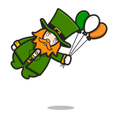 Cute leprechaun saint patrick day character flying holding balloon cartoon vector icon illustration