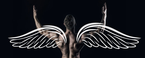 Photo banner of sexy man angel with wings for valentines day. Sexy man with muscular body and bare torso. Muscular shirtless man, attractive guy. Athletic man, fitness model.