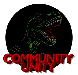 Dinosaur with speech bubble saying Community Unity word. Tyrannosaurus Rex with thoughts.