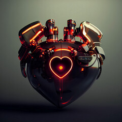 Robotic, futuristic machine heart with red neon glowing core, engineering, generative ai