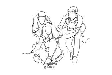 Single one line drawing Young woman laughing and sitting on a skateboard being pushed by her friends from behind. Hangouts With Friends concept. Continuous line draw design graphic vector illustration
