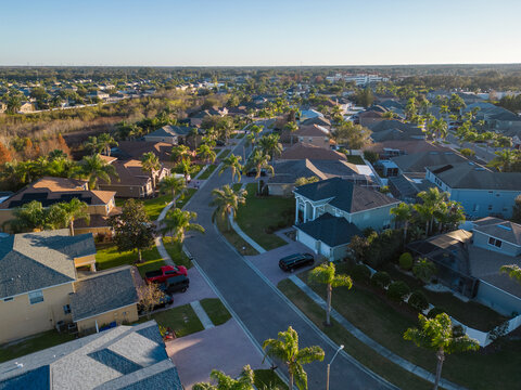 Neighborhood aerial drone picture of cityscape and town with houses and homes from air from aerial drone	
