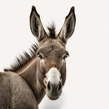 Head and shoulders close up portrait of a friendly donkey isolated on a white background