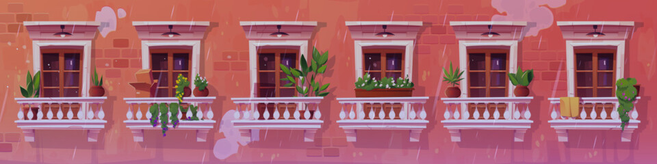 Fototapeta na wymiar Old apartment house facade, flower pots in classic window frames, cracks and damages on red brick wall, vintage outdoor lamps. Urban architecture rainy day. Neighborhood cartoon vector illustration