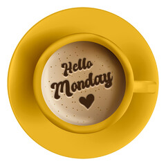 Hello Monday word as a latte art on a yellow cup of coffee, isolated on transparent background. Flat lay or top view.
