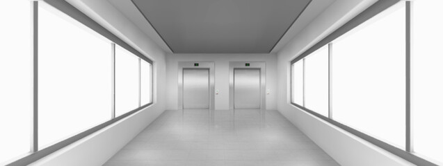 Empty corridor perspective with large windows and elevator doors. Realistic vector illustration of hospital, hotel, university, shopping mall, office building hall interior design. Modern architecture