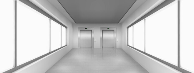 Fototapeta premium Empty corridor perspective with large windows and elevator doors. Realistic vector illustration of hospital, hotel, university, shopping mall, office building hall interior design. Modern architecture