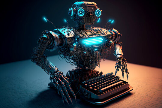 Generative AI illustration of half typewriter and half chatbot robot concept from AI writing assistant and artificial intelligence generated text or essay