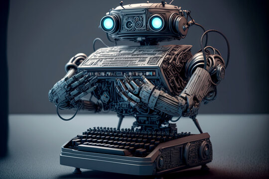 Generative AI illustration of half typewriter and half chatbot robot concept from AI writing assistant and artificial intelligence generated text or essay