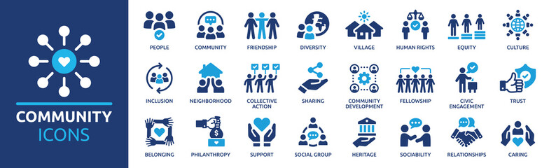 Community icon set. Containing people, friendship, social, diversity, village, relationships, support and community development icons. Solid icon collection.