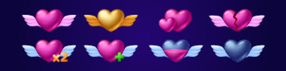 Set of winged heart game icons, fill progress score, level elements, red or gold, full and empty user Ui status of life, love, health, energy resource for pc, mobile app, Cartoon vector illustration