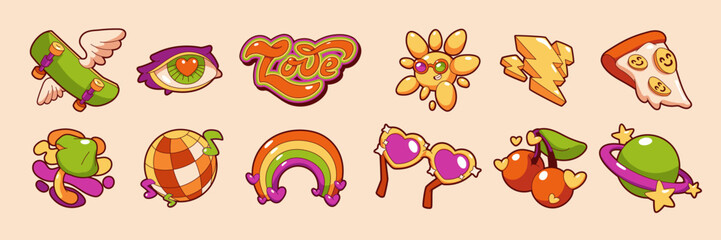 Retro groovy stickers with rainbow, planet, sun character, disco ball, mushroom and skateboard. Psychedelic rave icons with love symbol, cherry, pizza and glasses, vector set in contemporary style