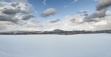 Panoramic view of snow fields landscape