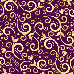 Vector seamless dark purple floral valentine pattern with gold lace vintage curls and flowers
