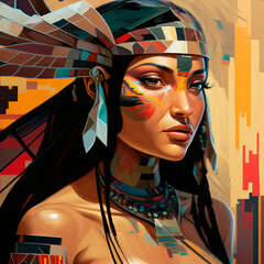 Cherokee woman geometric painting Generative Ai - obrazy, fototapety, plakaty