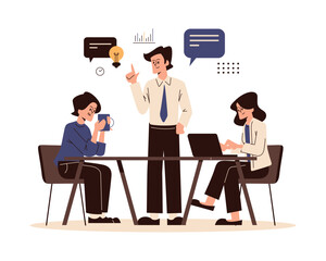 Teamwork office business meeting. Conference, brainstorming, annual report and statistics planning in flat vector illustration