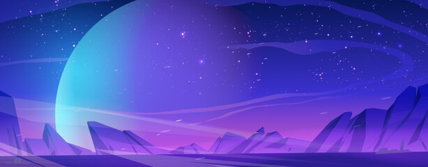Mars surface, alien planet landscape with sand or dust storm. Cartoon background with empty rocks, big moon sphere and stars shine on dark night sky. Space backdrop Vector illustration © klyaksun