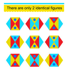 Fun puzzle game. Need to find two identical figures. Task for development of attention and logic. Vector illustration