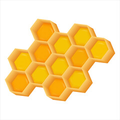A series of yellow hexagonal cells, honeycomb. Bee pattern made of wax and honey. Yellow background 3d, abstract, geometric shape, mosaic. Fragment, piece of sticky honeycomb, beekeeping. Vector.