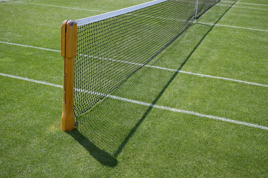 Tennis net with shadows on a grass tennis court