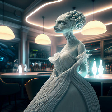 Female alien in a bar in space, generative ai