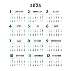 2023年のシンプルな年間カレンダー - 日曜始まり･12ヶ月･1年分の暦 - 日本の祝日 - 正方形