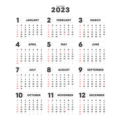 2023年のシンプルな年間カレンダー - 日曜始まり･12ヶ月･1年分の暦 - 日本の祝日 - 正方形
