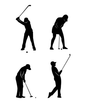 Collection of black silhouettes of people in golf