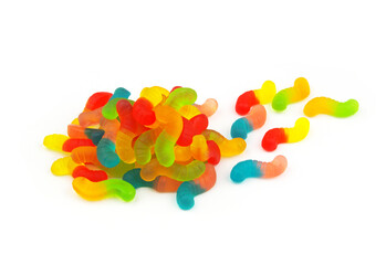 Multicolored gummy worms candies isolated on white background.	