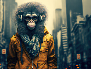Fototapeta premium Stylish fashion monkey walking in the street