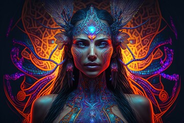 Fototapeta premium frau, gesicht, make-up, kunst, schönheit, auge, farbe, person, blume, kostüm, maske, fasching, gestalten, Ai, midjounrney Generative AI Generativ KI