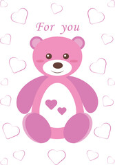 card illustration from february 14, valentines day with cute teddy bear with hearts in pink color