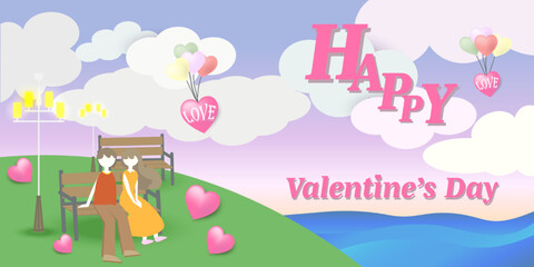 Horizontal Background. Happy valentine's day banner. Couple sitting on a park bench in the evening. vector text  Happy valentine's day, balloon heart, river, garden lamp posts, hearts, clouds. 