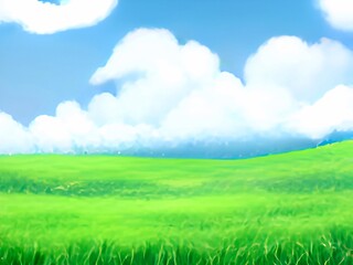 green field and blue sky 2D anime Background 