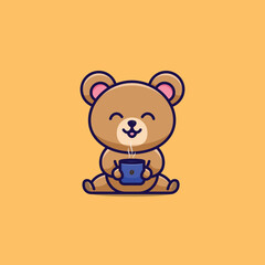Vector vector cartoon illustration cute bear drink and enjoy a cup of coffee icon animal nature