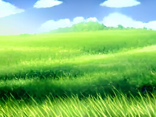 Fototapeta na wymiar green grass and blue sky 2d Anime background 