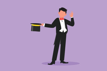 Cartoon flat style drawing funny male magician standing in suit with okay gesture and holding his hat magic and wand performing tricks at circus show entertainment. Graphic design vector illustration