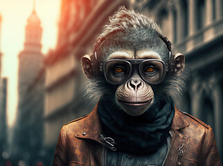 Stylish fashion monkey walking in the street