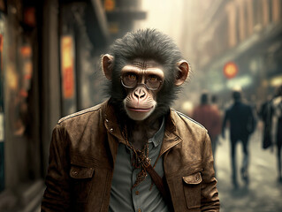 Fototapeta premium Stylish fashion monkey walking in the street