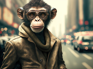 Stylish fashion monkey walking in the street