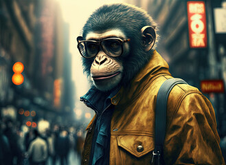 Obraz premium Stylish fashion monkey walking in the street