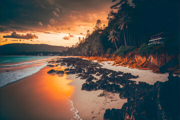 Fototapeta na wymiar This breathtaking image captures the beauty of Phuket beach during the golden hour. The sun is setting, casting a warm, golden glow over the palm trees and sparkling water. The white sandy beach