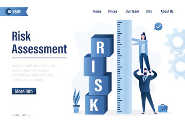 Risk assessment, landing page template. Business team uses big ruler for measuring financial risk. Cubes with text - RISK. Business strategy, planning. Risk management, concept.