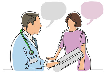 continuous line drawing doctor consults with patient - PNG image with transparent background isolated