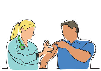continuous line drawing doctor making vaccination shot to man - PNG image with transparent background