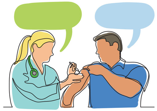 continuous line drawing doctor making vaccination shot to man - PNG image with transparent background isolated
