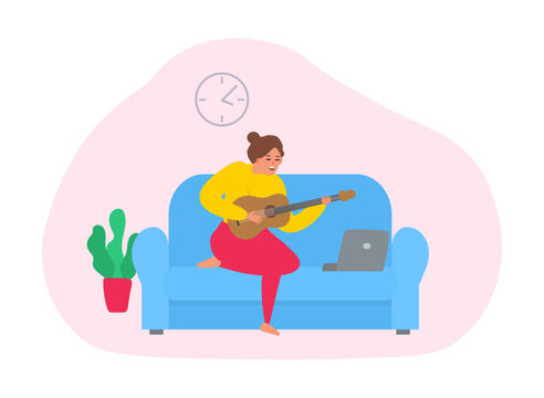 Woman Playing Guitar And Singing At Home Online Lesson Laptop Vector Illustration