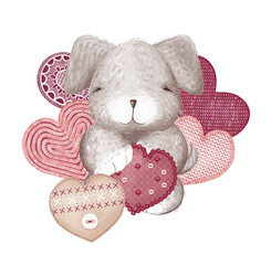 Cute Valentines Day plush fluffy baby dog or puppy in full growth surrounded by handmade knitted, sewn hearts. Cartoon child character. Digital illustration in the watercolor style. Greeting card.