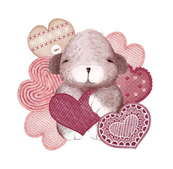 Cute Valentines Day plush fluffy baby bear or teddy bear in full growth surrounded by handmade knitted, sewn hearts. Cartoon child character. Digital illustration in watercolor style. Greeting card.