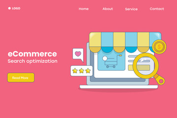 Filled outline concept of Ecommerce SEO, online store optimization strategy for search marketing, shopping website on laptop screen with magnifier.